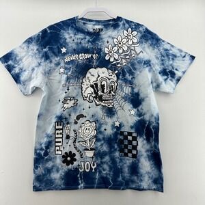 A-Lab Tie Dye Graphic T-Shirt Size L Blue White Skull Flowers Pure Joy‎ NWOT